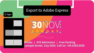 Теперь вы можете экспортировать файлы из InDesign в Adobe Express. Закрепите элементы в макете, а затем поделитесь им с коллегами, чтобы они могли быстро вносить правки и создавать простые варианты.